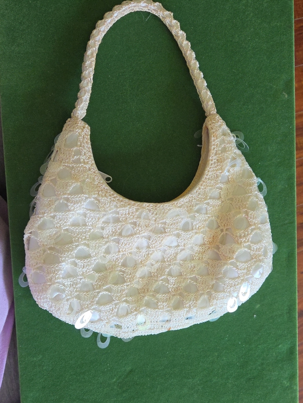 Elegant Cream Sequin Crochet Shoulder Bag